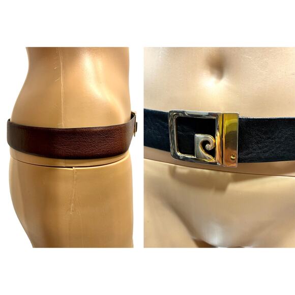 80s Pierre Cardin PC Logo Buckle Leather Belt | Reversible Black Brown Spain main image 4